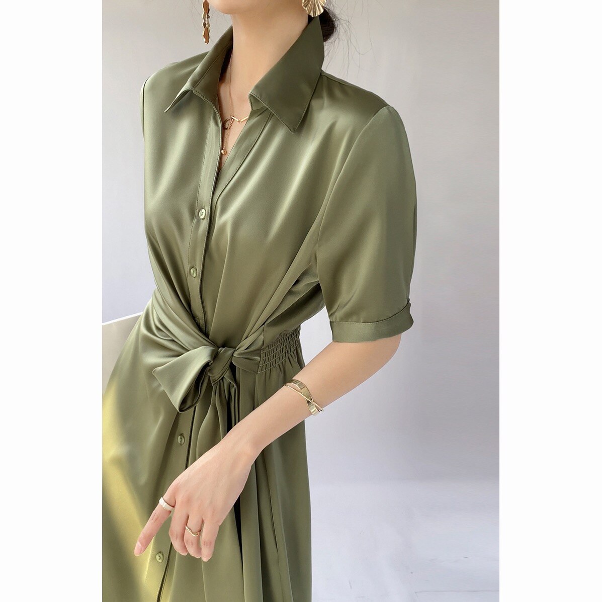 New French Light Luxury Senior Sense Of Temperament Waist-Skimming Acetate Satin Texture Shirt Dress