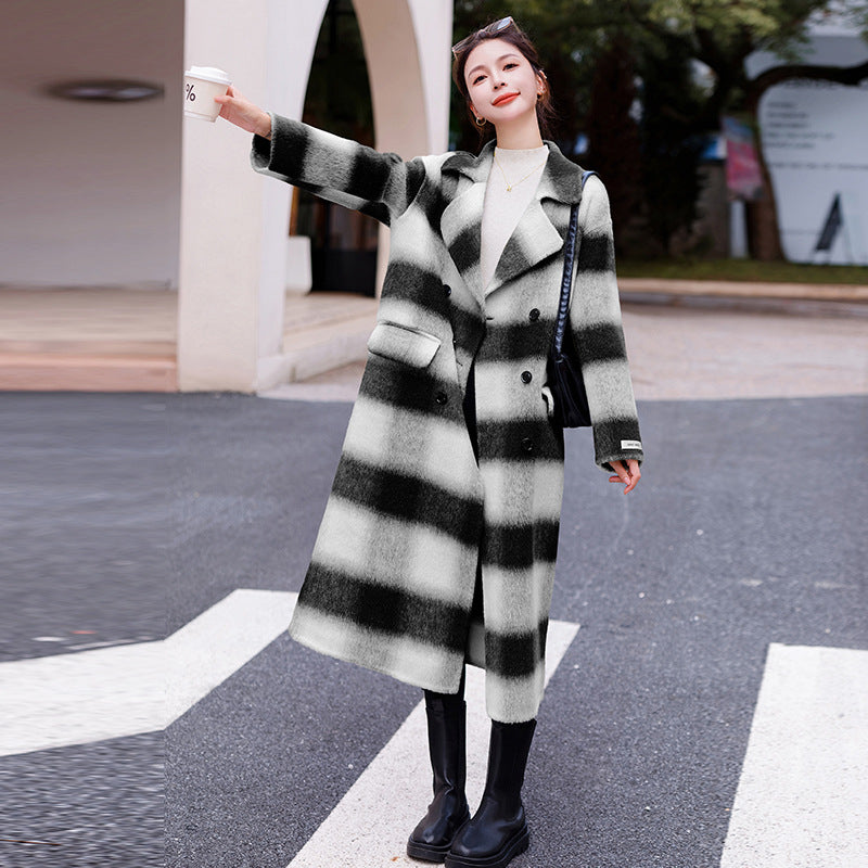 Fashion Women's Woolen Coat Lapel Plaid Long Sleeves Pockets Loose Warm Casual Coats Female Winter