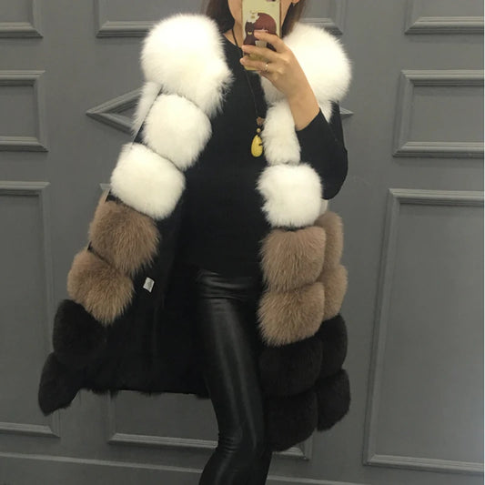 Winter Coat Women Thick Warm Luxury Patchwork Color Faux Fur Vest Coats Soft Fluffy Fur Jacket Female Vintage Outerwear