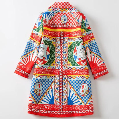 Early Spring New Women's Lapel Long Sleeve Colorful Geometric Print Loose Trench Coat