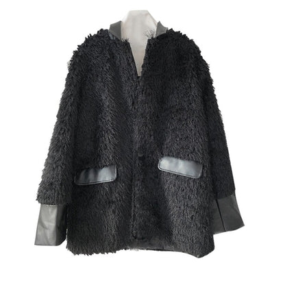 Korean Designed Black Imitation Fur Thick Coat Women's Splicing PU Leather Fashionable Loose Plush Fur Coat Winter Couple