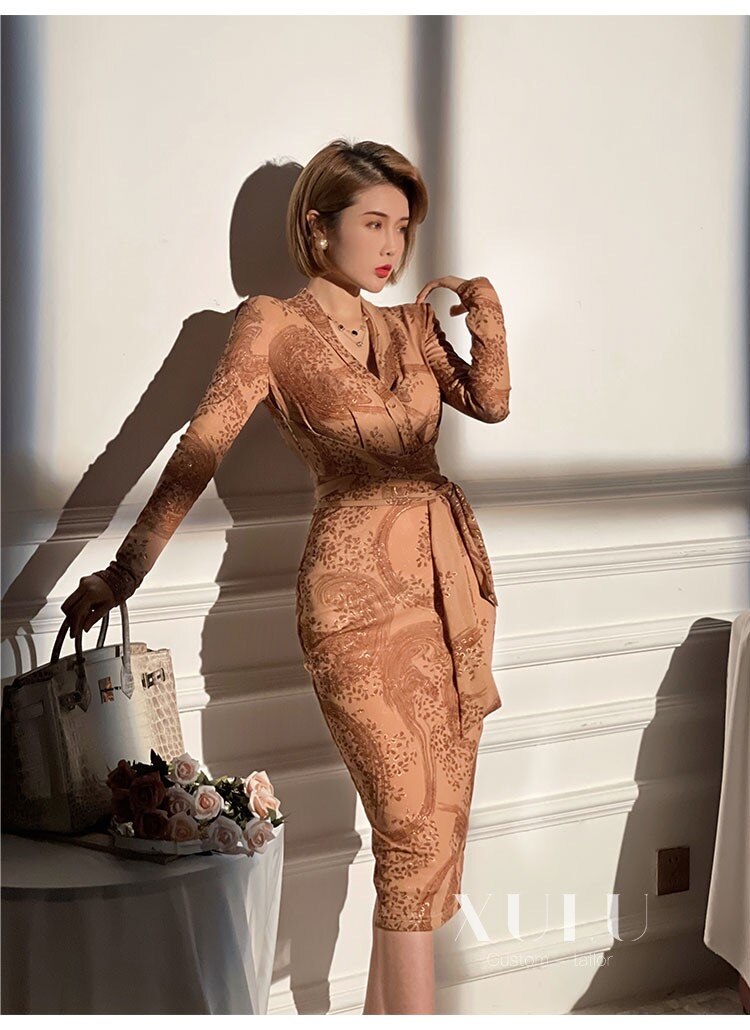 Spring Autumn Brown High Quality Vintage Flower Print Mesh Dress Women V-Neck Long Sleeve Stretch Bodycon Slim Vestidos