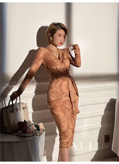 Spring Autumn Brown High Quality Vintage Flower Print Mesh Dress Women V-Neck Long Sleeve Stretch Bodycon Slim Vestidos