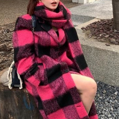 Loose Fit Plaid Big Size Long Thick Warm Woolen Coat Parkas New Long Sleeve Women Fashion Tide Autumn Winter