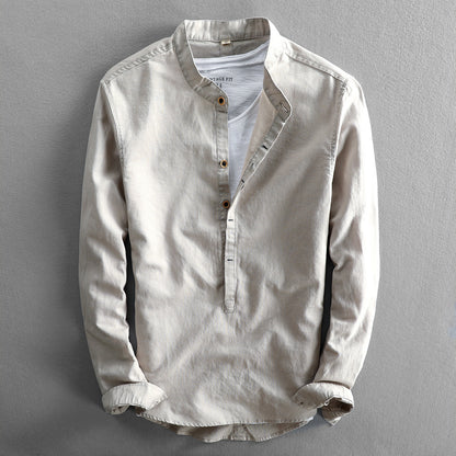 Simple Men's Casual Long Linen Sleeves Shirt Loose Solid Color