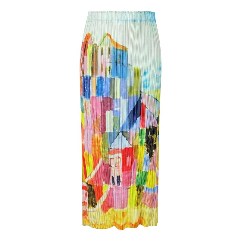 Pleated Skirt Woman Hit Color Paint Cartoon Pick Hip Elastic Waist Slim Office Lady StNew Autumn Fashion 15HT421