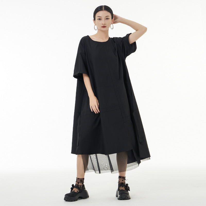 Women Black Mesh Irregular Big Size Dress New Round Neck Short Sleeve Loose Fit Fashion Trend Spring Summer