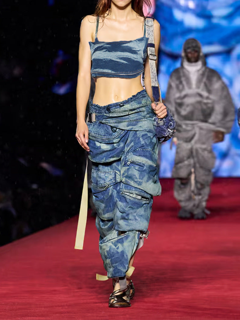 Retro street-blasting heavy washed distressed straight jeans with work pockets, loose wide legs + suspender tube top