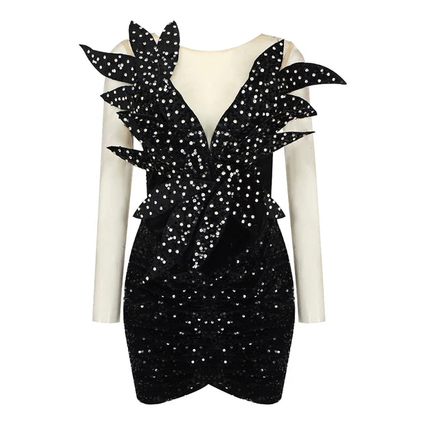 Woman Sexy Sequins Velvet Mini Dresses Patchwork Mesh Long Sleeve Mini Cocktail Party Black Dress Summer