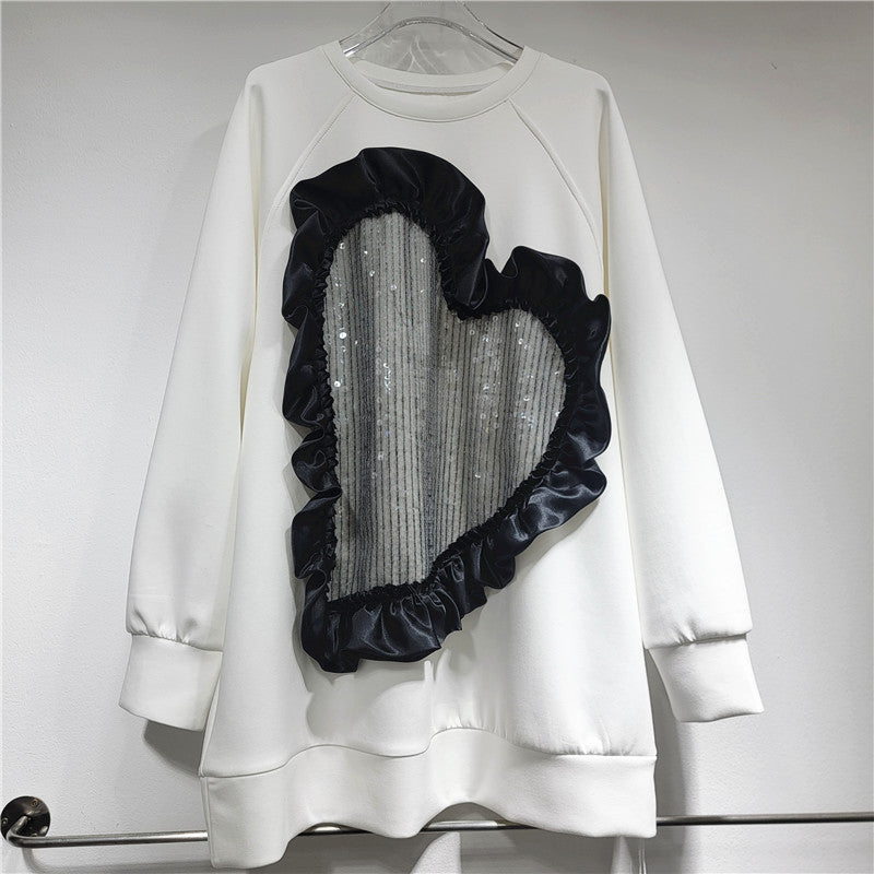 European and American fashion round neck heart-shaped sequin splicing loose long sleeved sweatshirt for women's fashion