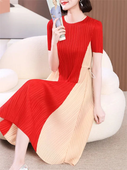 Women Pleated Color Block Dress Split Loose  Spring Summer New O Neck Patchwork Holiday Fashion Female Clothes Dress