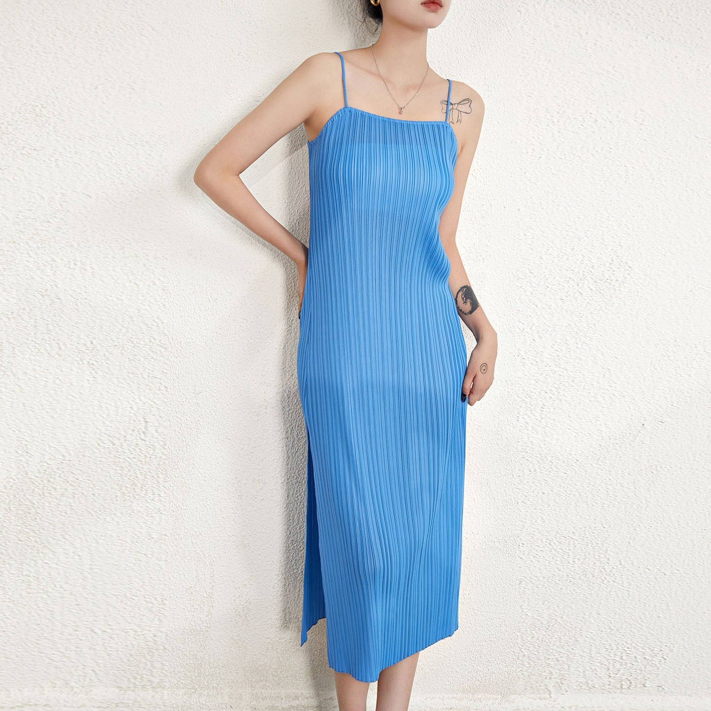 Folded camisole dress for women with a straight neckline slim fit and slim fit slit midi length skirt