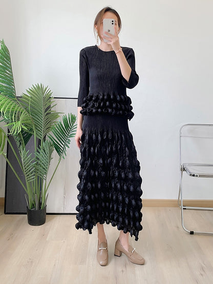 Spring And Summer New Pleated Bubble Suit Fashion Temperament Top Bubble Skirt Two-Piece For Women