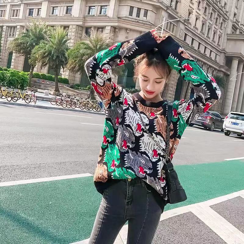 Knitted Sweater Pullovers Women High Street Casual Animal Tiger Korean Fashion Autumn Winter Knitwear Pull Femme Clothes