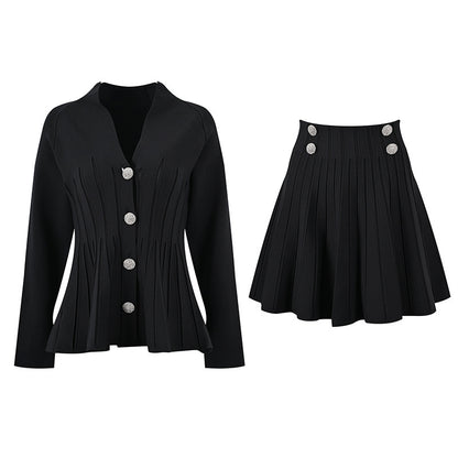 Elegant temperament, cinched waist for slimming, V-neck, crystal buckle, ruffled hem, cardigan jacket+elastic waist half skirt set