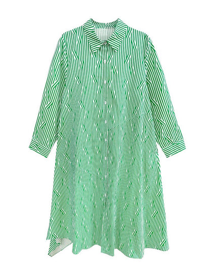 Women Green Striped Back Ruffles Big Size Long Shirt Dress New Lapel Long Sleeve Fashion Spring Autumn