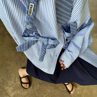 Top Blue Vertical Stripe Tie Bow Loose Shirt