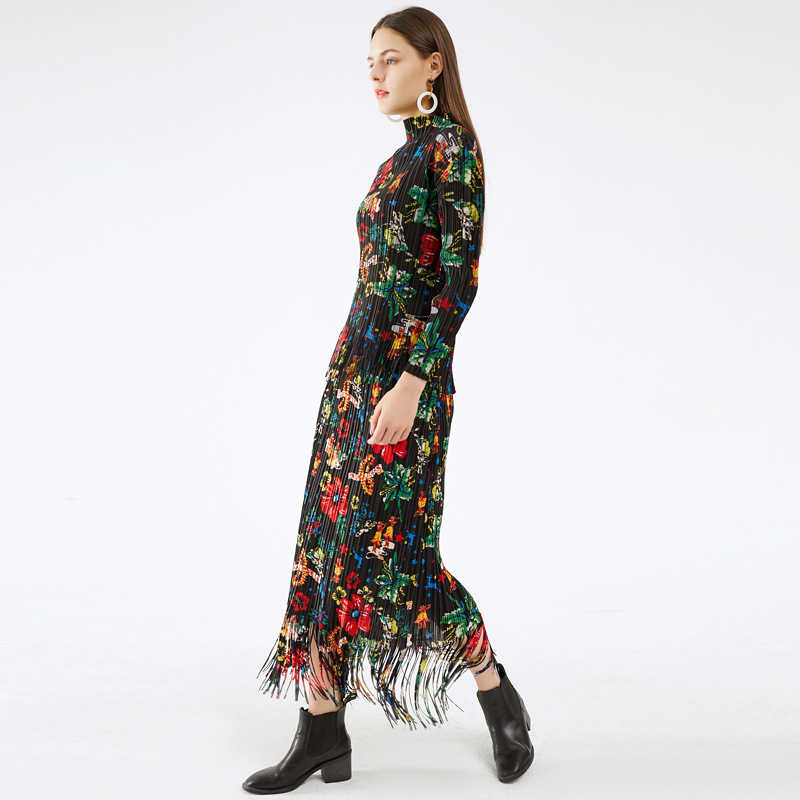 Pleated Suit Woman Indie Folk Floral Print Tassel Stand Collar Top + Pick Hip Long Skirt Slim New Summer Fashion