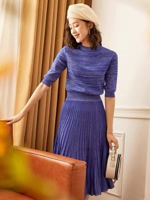 Temperament Goddess Style Clothes Suit Light Familiar Style Stand Collar Medium Sleeve Sweater+Pleated Skirt Two-Piece Spring And Autumn