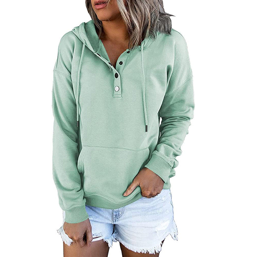 Long-sleeved Hooded Sweatshirt With Pockets Fashion Casual Button Drawstring Design Hoodie Top Spring And Autumn Sports Clothing For Women