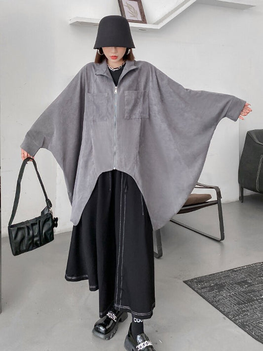 Black Drawstring Big Size Irregular Jacket New Stand Collar Batwing Sleeve Women Coat Fashion Spring Autumn