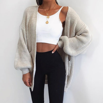 Solid color loose European and American sweater mid-length cardigan