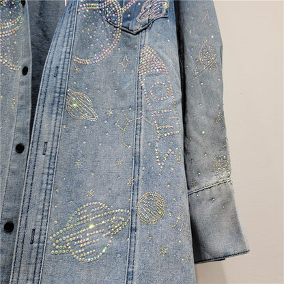 Hot Diamond Shirt Women's Starry Sky Sparkling Denim Jacket Cardigan Spring and Autumn Jacket Mid-Length Slim