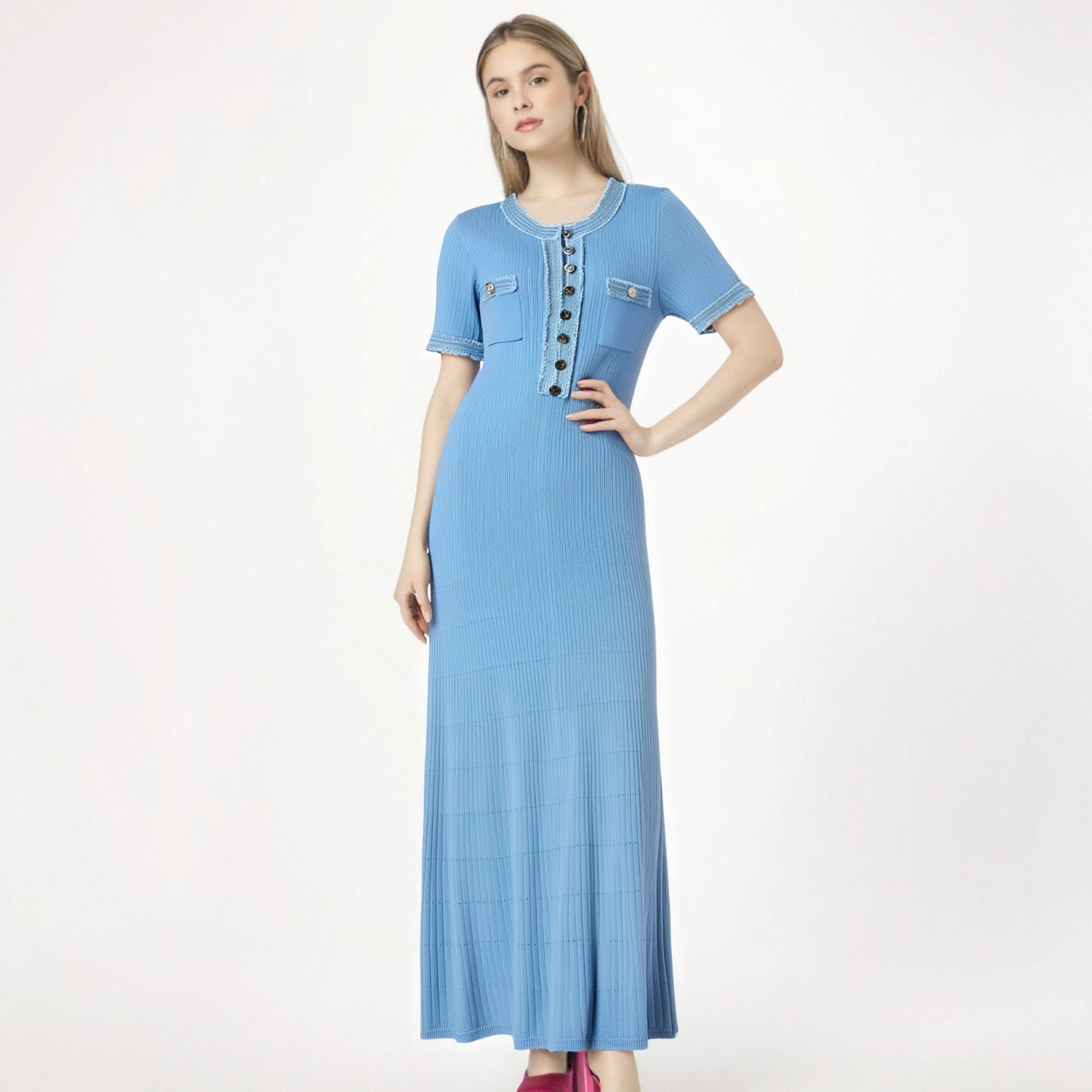 Elastic slim fit round neck button up long knit dress