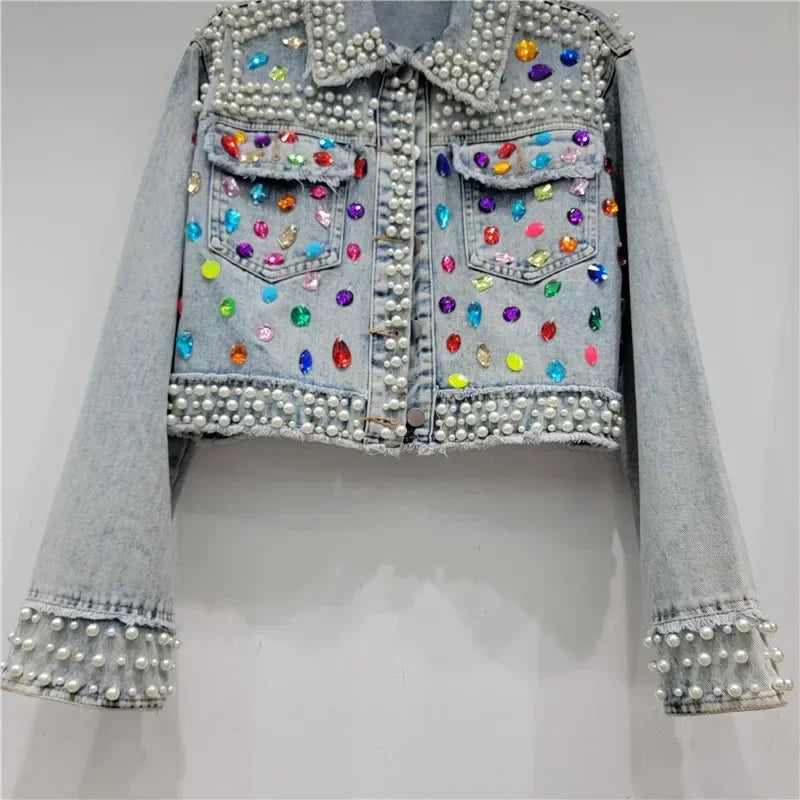 Spring Autumn Women Rainbow Diamonds Pearls Beaded Denim Jacket Rhinestones Rivets Short Jeans Cowboy Cardigan Sequined Outwear