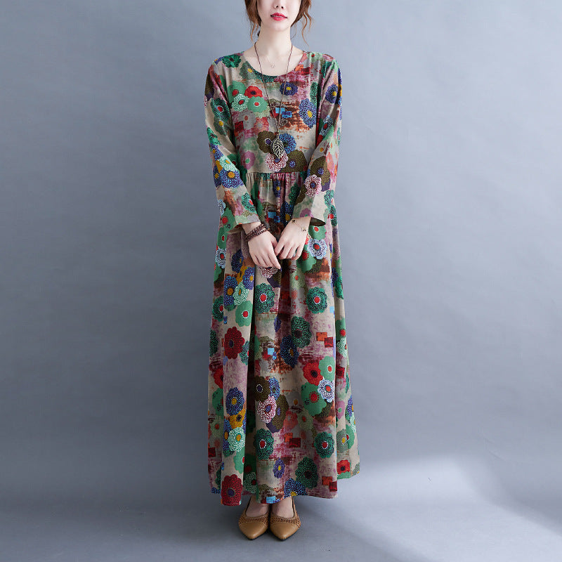 Literary Plus Size Printed Long Sleeve Dress