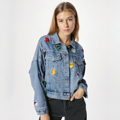 Colorful diamond denim jacket women's loose jacket cardigan short top