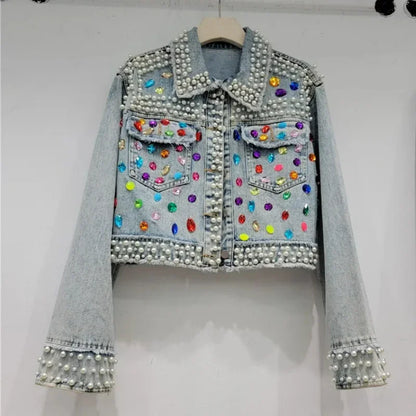 Spring Autumn Women Rainbow Diamonds Pearls Beaded Denim Jacket Rhinestones Rivets Short Jeans Cowboy Cardigan Sequined Outwear