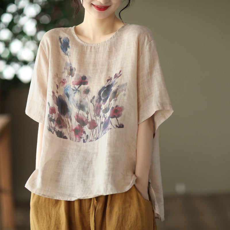 Summer New Vintage Ink Print Front Short Back Long Casual T-shirt