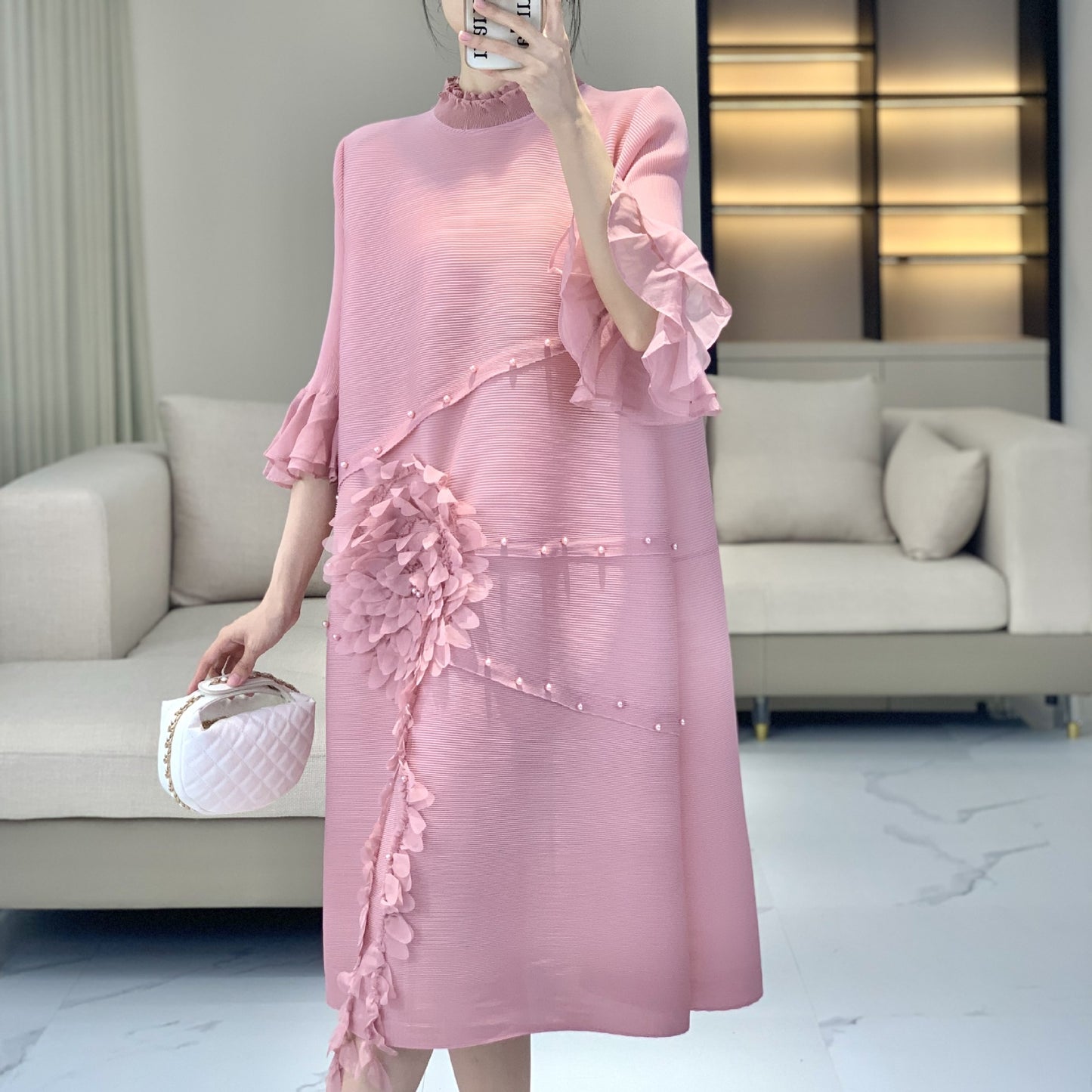 High end Heavy Industry Wrinkle Dress New Small Mom Spring/Summer Style Skirt Fat MM Large Female