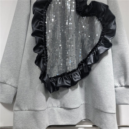 European and American fashion round neck heart-shaped sequin splicing loose long sleeved sweatshirt for women's fashion