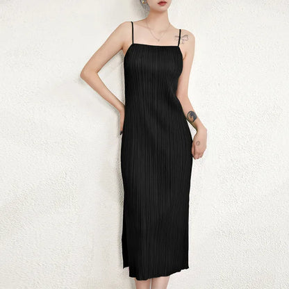 Temperament Pleated Halter Dress Female Summer A Collar Slim Slim Thin Open Fork Medium-Length Models