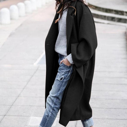 Casual Long Jacket With Pockets Solid Color Single Breasted Lapel Woolen Coat For Women Warm Winter Clothing