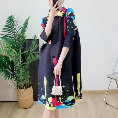 Casual Print Pleated Dress Women Lapel Contrast Color Single Breasted Mid Length Dresses  Summer New Clothing