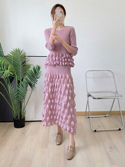 Spring And Summer New Pleated Bubble Suit Fashion Temperament Top Bubble Skirt Two-Piece For Women