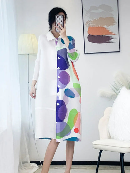 Pleated Single Breasted Dress Women Spring Summer New Korean Fashion Printed Cardigan Loose Plus Size Long Coats