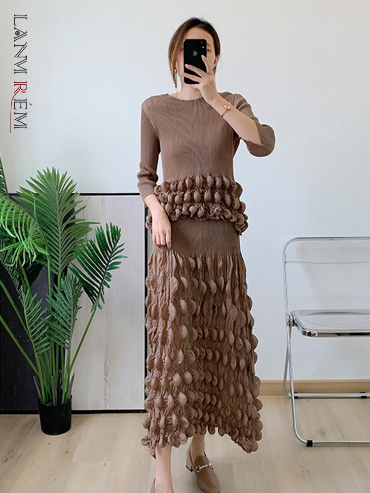 Spring And Summer New Pleated Bubble Suit Fashion Temperament Top Bubble Skirt Two-Piece For Women