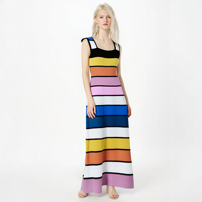 New sleeveless camisole fashionable women's dress slim fit color blocked striped commuting pullover loose skirt