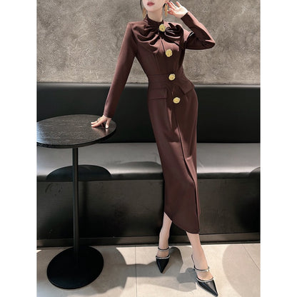 Fashionable design metal buckle dress elegant temperament bow tie slim fit hip hugging skirt