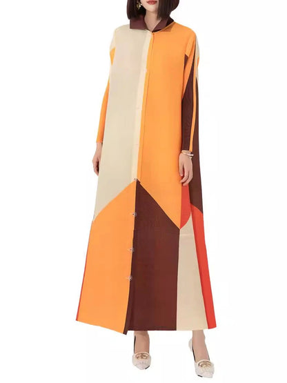 Wrinkled spring and summer new dress with fashionable temperament, color blocking print, loose oversized breasted long style, shaking skirt