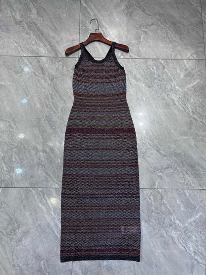 Summer elegant jacquard striped sleeveless knitted vest suspender dress