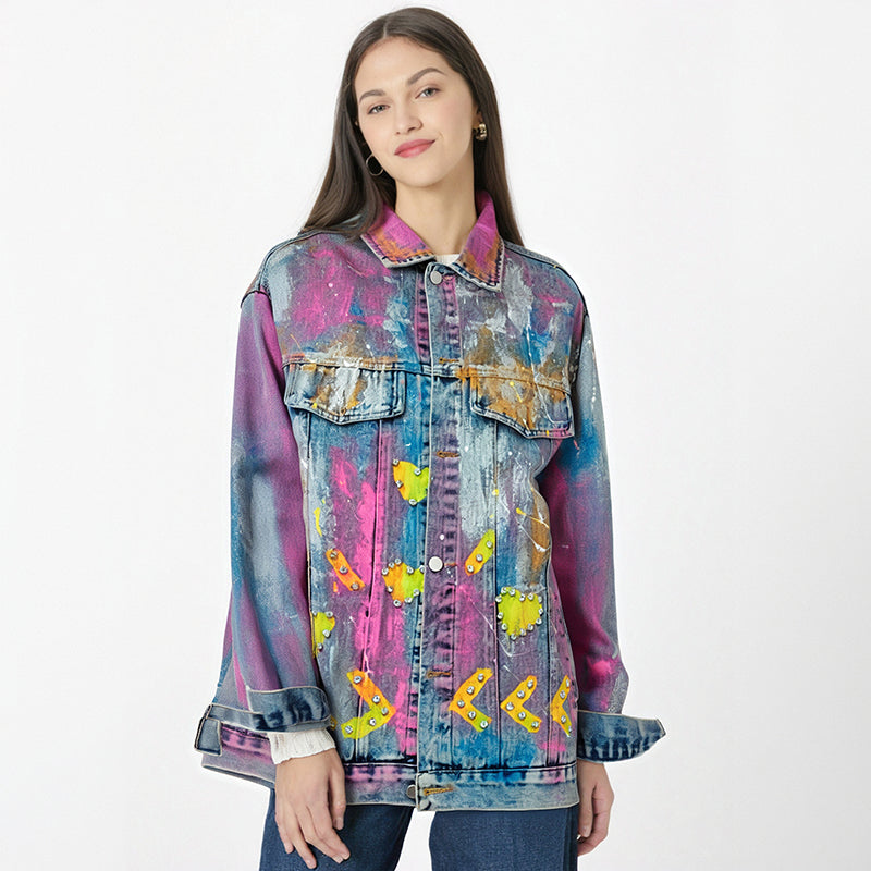 Women Denim Coat Colorful Heart Shaped Graffiti Hand Drawn Diamonds Single Breasted Jackets  Autumn New Fashion