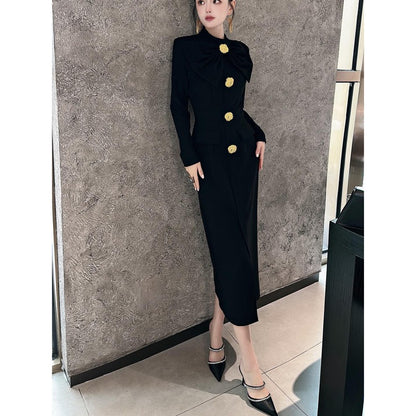 Fashionable design metal buckle dress elegant temperament bow tie slim fit hip hugging skirt