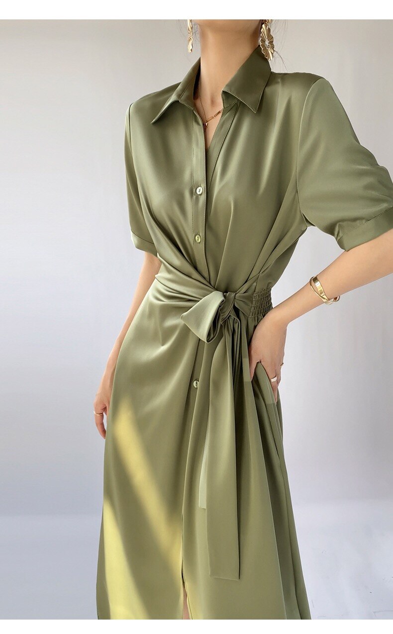 New French Light Luxury Senior Sense Of Temperament Waist-Skimming Acetate Satin Texture Shirt Dress