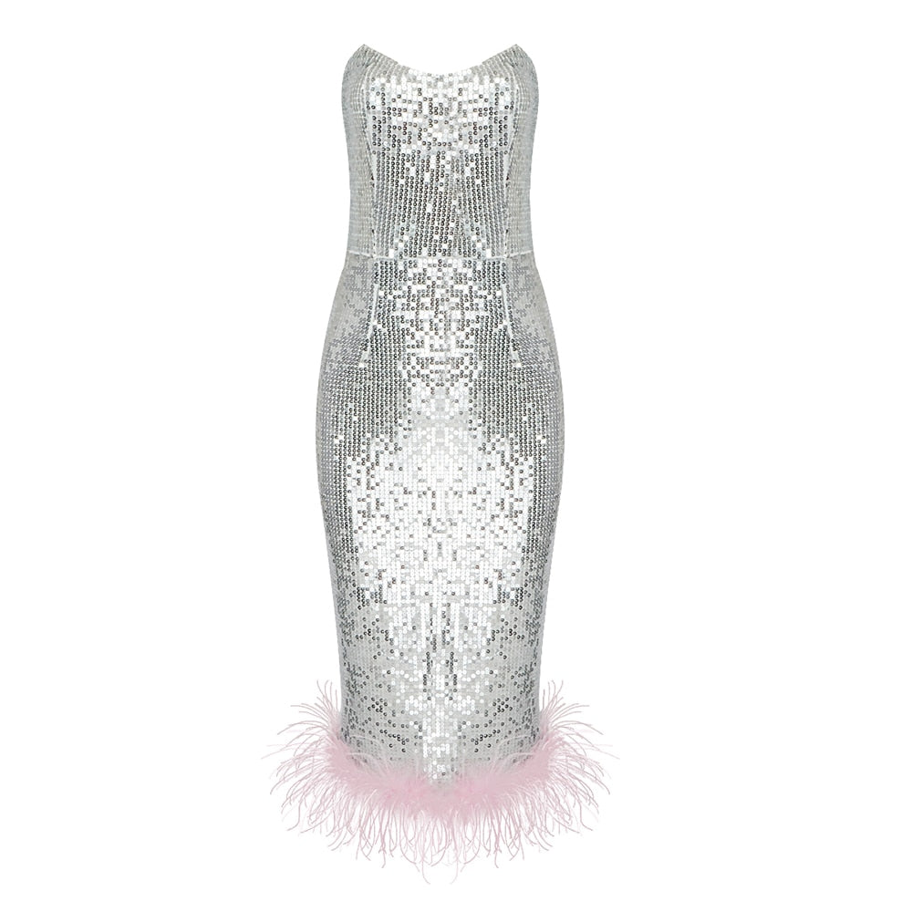 Birthday Party Dress For Women Pink Ostrich Feather Design Silver Sparkling Sequins Strapless Midi Dress