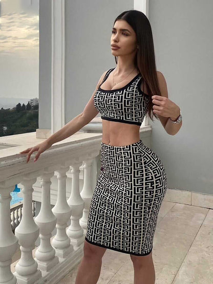 Trendy Geometric Jacquard Two Pieces Suit Square Collar Celebrity Party Club Bandage Crop Tops Skirt Set